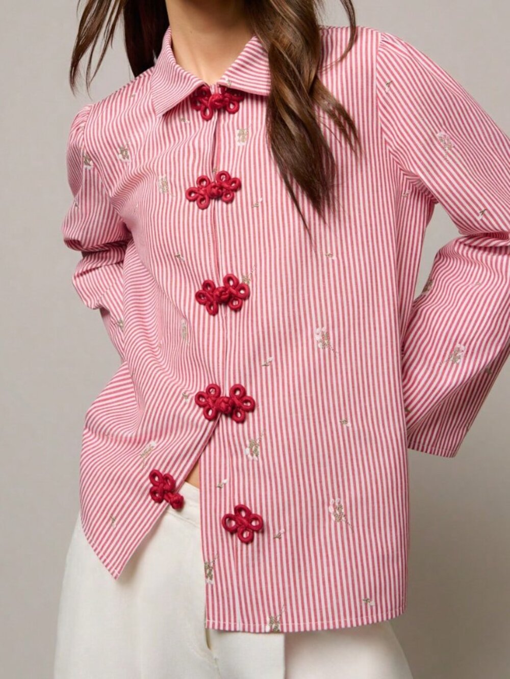 Red Casual Women's Loose Blouse with Front Buttons